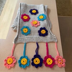Handmade Mixed Media Floral Scarf Knit & Crochet Boho Scarf with Flower Tassels